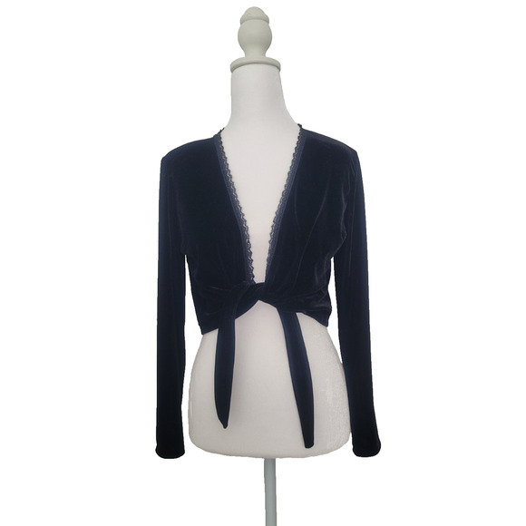 Vintage 90's Velvet Front Tie Lace Sequin Trim Cropped Cardigan Sz S Witchy Goth - Picture 1 of 6
